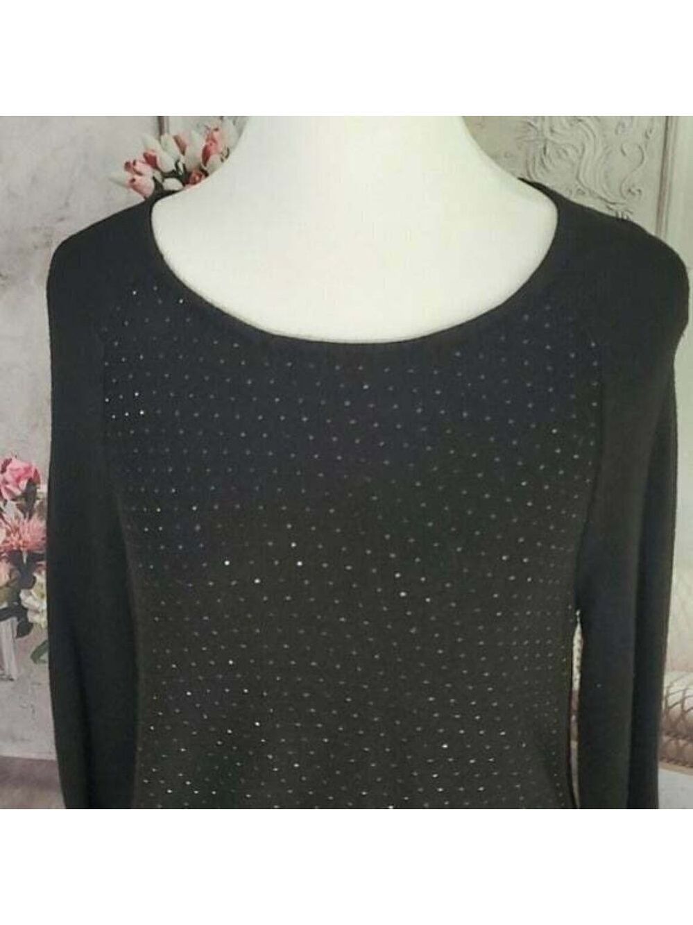 worthington Black Sparkle Pullover Scoop Neck Long Sleeves Knit Sweater Size L - Picture 4 of 9